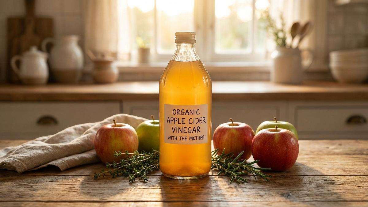 Bouteille de vinaigre de cidre bio avec mère, pommes fraîches et herbes sur bois