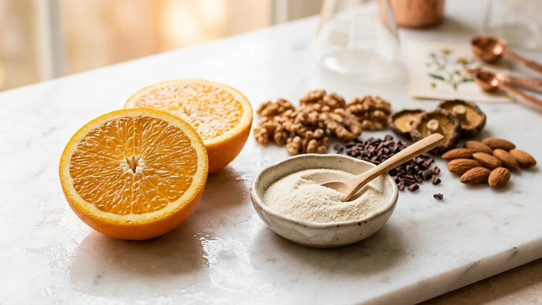 Agrumes frais, collagène marin et ingrédients cuivrés illustrant la synergie vitamine C et collagène