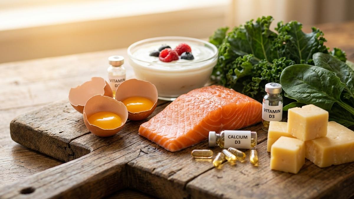 Aliments riches en calcium et vitamine D pour renforcer les os : saumon, œufs, produits laitiers