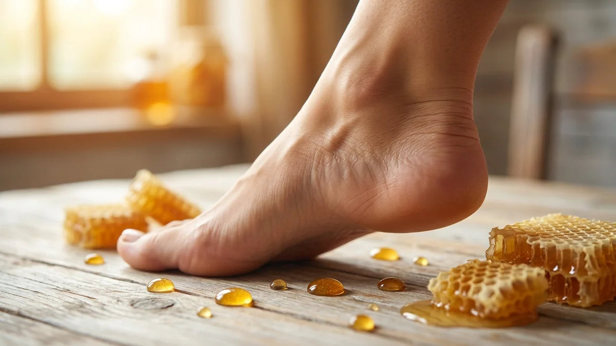 Pied avec gouttes de propolis et miel sur surface bois, soin dermatologique naturel pour la peau vulnérable