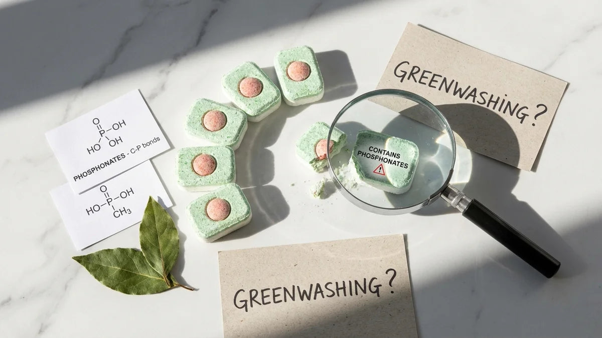 Tablettes lave-vaisselle avec formules chimiques et symbole d'alerte pour démasquer le greenwashing écologique