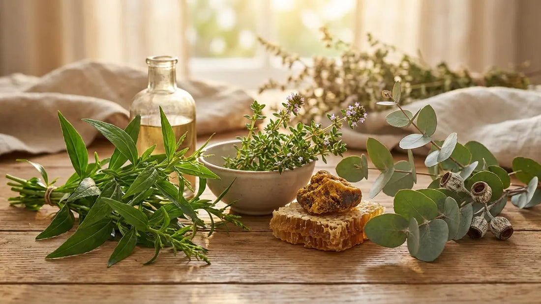 Plantes médicinales d'hiver : andrographis, thym, eucalyptus et propolis pour confort respiratoire naturel