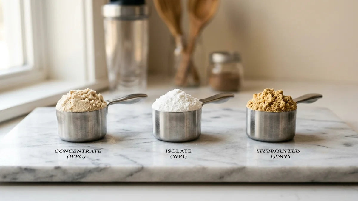 Trois types de protéine whey : concentrée, isolat et hydrolysat comparés côte à côte