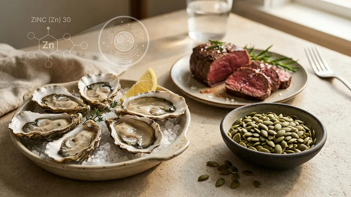 Aliments riches en zinc : huîtres, graines de courge et viande pour augmenter la testostérone