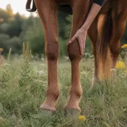 Main posée sur la jambe d'un cheval alezan dans un pré, pour soulager ses articulations et tendons