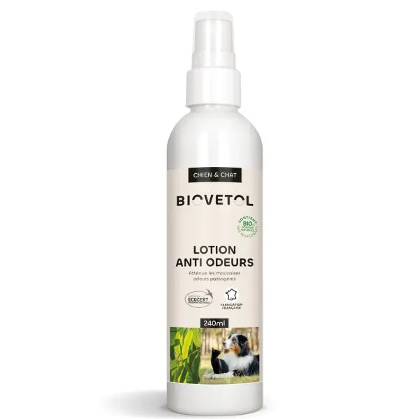 Une lotion anti-odeur pour chien et chat de la marque biovetol