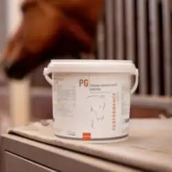 Un sceau de compléments alimentaires pour chevaux posé au sol d'une écurie