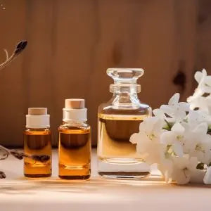 Flacons de parfum d'ambiance et d'huiles essentielles à côté de fleurs blanches