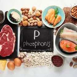 Ardoise « P phosphorus » entourée de viande, poisson, œufs et fruits à coque
