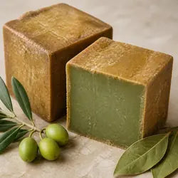 Deux pains de savon d'Alep, l'un coupé sur son cœur vert, avec des olives et des feuilles de laurier
