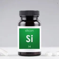 Pot de complément alimentaire au silicium sur fond gris