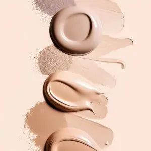Touches de fond de teint de différentes nuances étalées sur fond beige