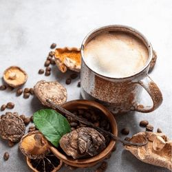 Tasse de café avec des champignons adaptogènes disposés autour