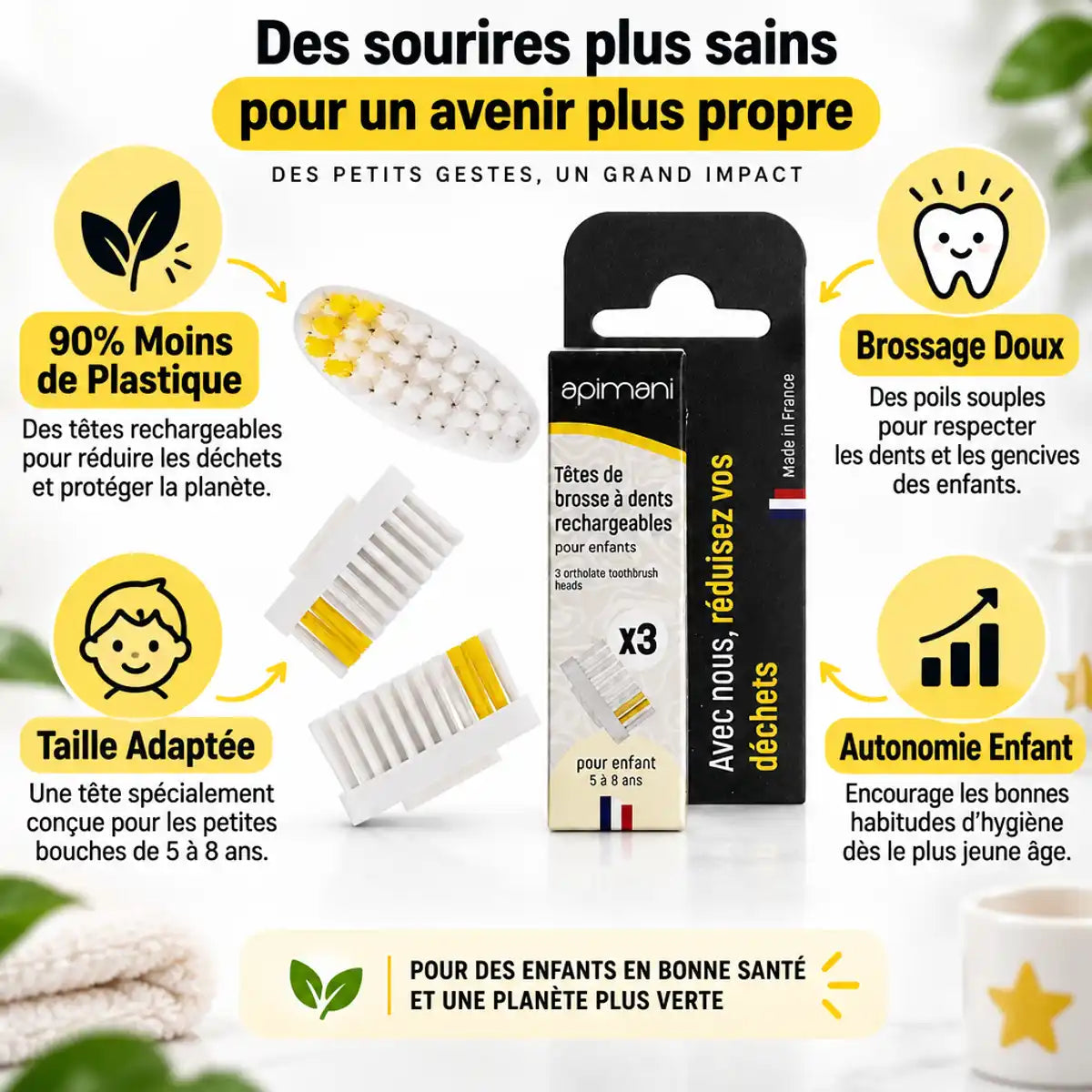 Têtes brosse à dents rechargeable enfant Apimani avec bénéfices écologiques et santé dentaire