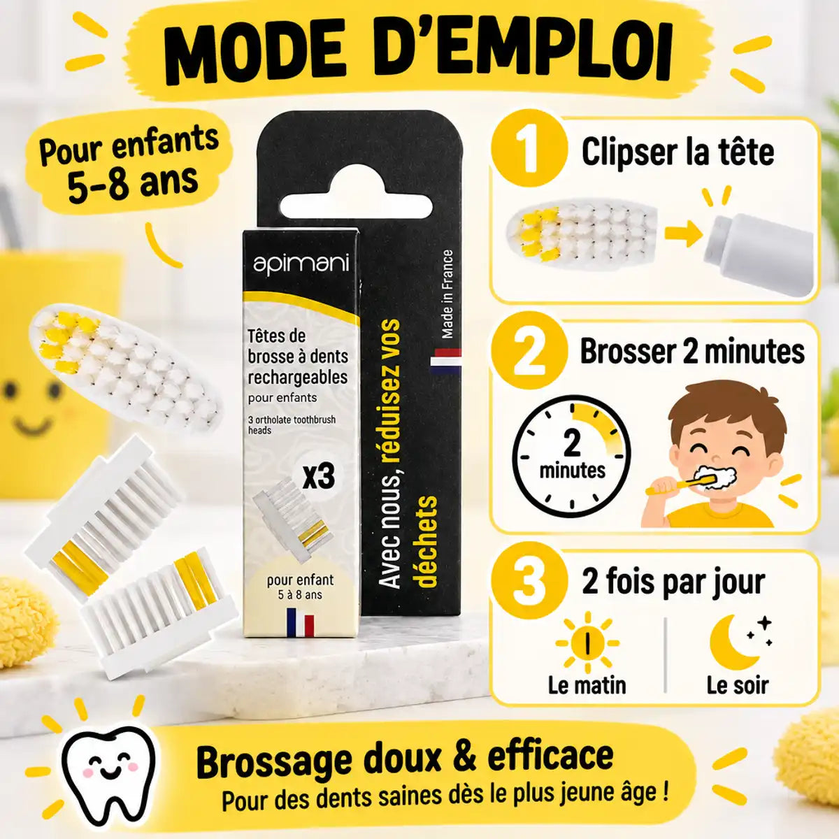 Têtes brosse à dents rechargeable Apimani enfant 3-pack avec mode d'emploi brossage 2 minutes