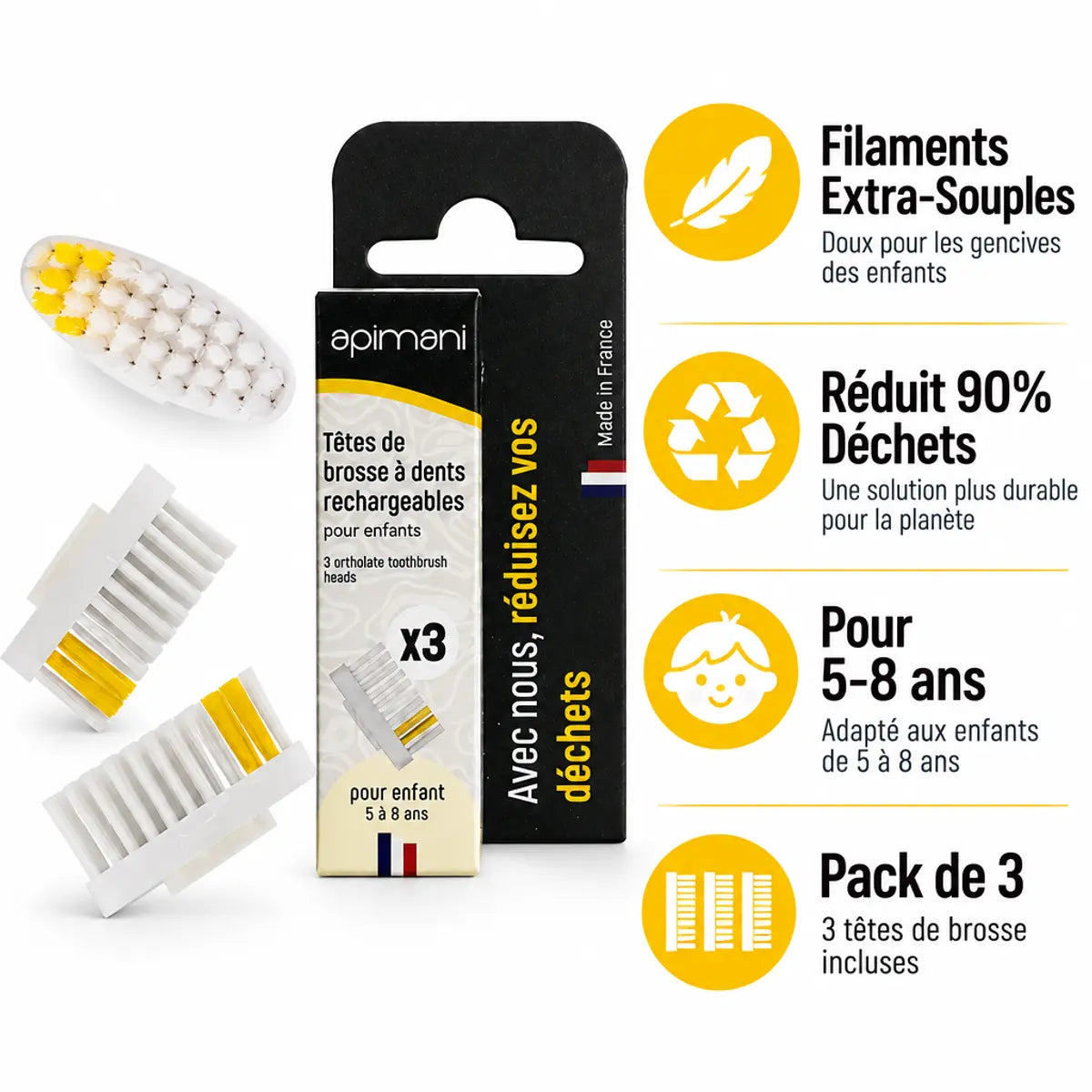 Têtes brosse à dents rechargeable enfant Apimani pack 3 filaments extra-souples 5-8 ans