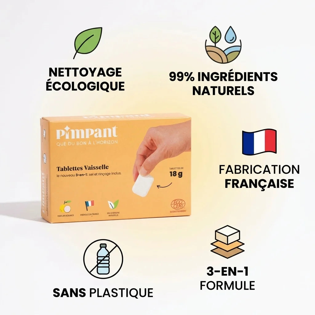 Tablettes lave-vaisselle écologiques Pimpant sans plastique avec bénéfices naturels et fabrication française