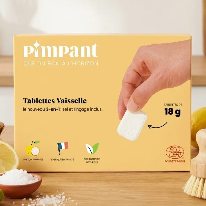 Tablettes lave-vaisselle écologiques Pimpant sans plastique avec ingrédients naturels en cuisine moderne
