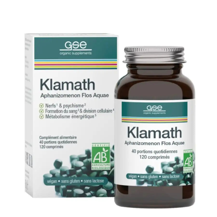Une boite d'AFA (Klamath Bio 500 mg) de 120 comprimés de la marque GSE