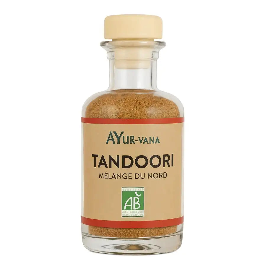Un flacon en verre de 50 grammes de Tandoori Bio (mélange du Nord) Ayur-Vana