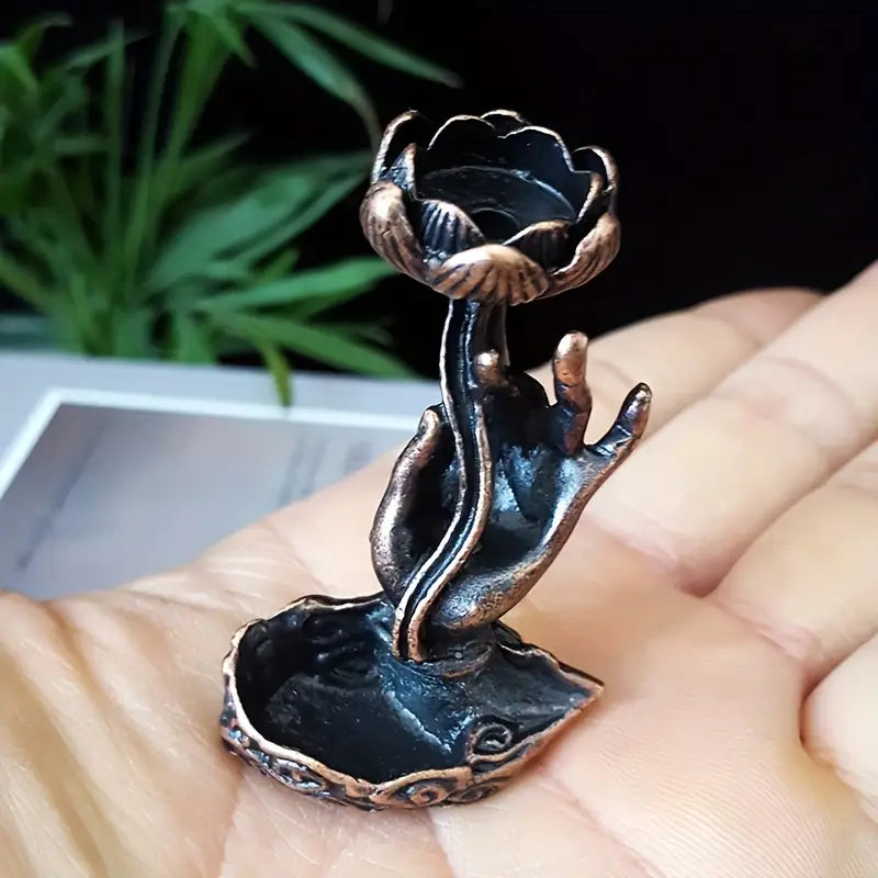 Brûleur d'Encens en Cascade - Main de Bouddha et Fleur de Lotus - Cuivre