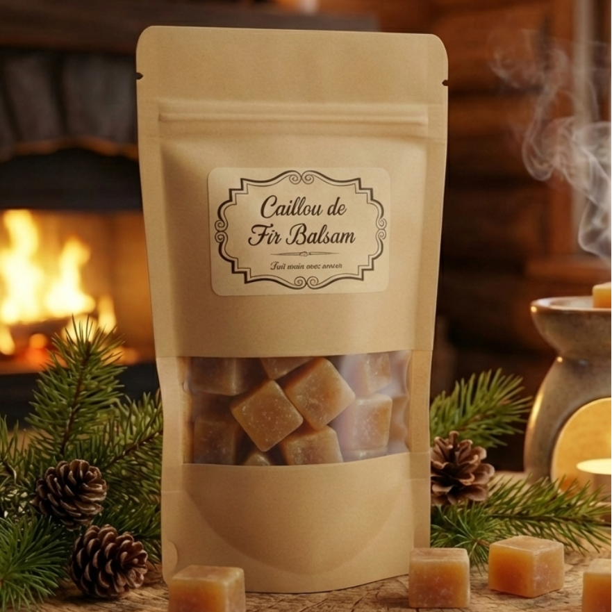 Ambre solide "Caillou d'Ambre Impérial" présenté dans un sachet kraft artisanal.
Décoration chaleureuse avec gousses de vanille naturelle, idéale pour un parfum d'ambiance doux.