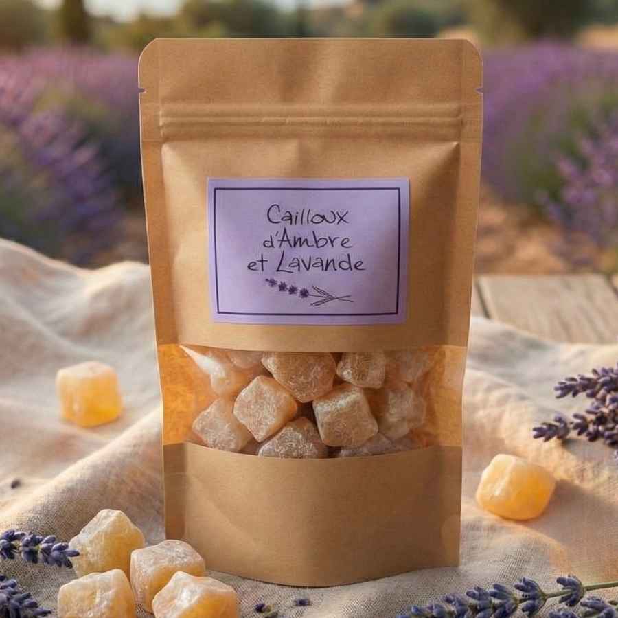 Sachet kraft "Cailloux d'Ambre et Lavande" avec cubes ambrés, champ de lavande en arrière-plan.