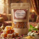 Parfum d'ambiance artisanal "Caillou d’Ambre Impérial", sachet de cubes d'ambre parfumés fait main. Décoration rustique avec vanille et bois naturel.