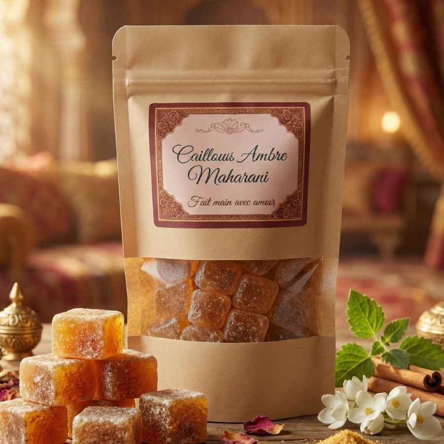 Sachet kraft "Caillou d’Ambre Impérial" avec fenêtre transparente montrant des cubes d'ambre. Le sachet est posé sur une table en bois avec des gousses de vanille et des morceaux d'ambre brut au premier plan.