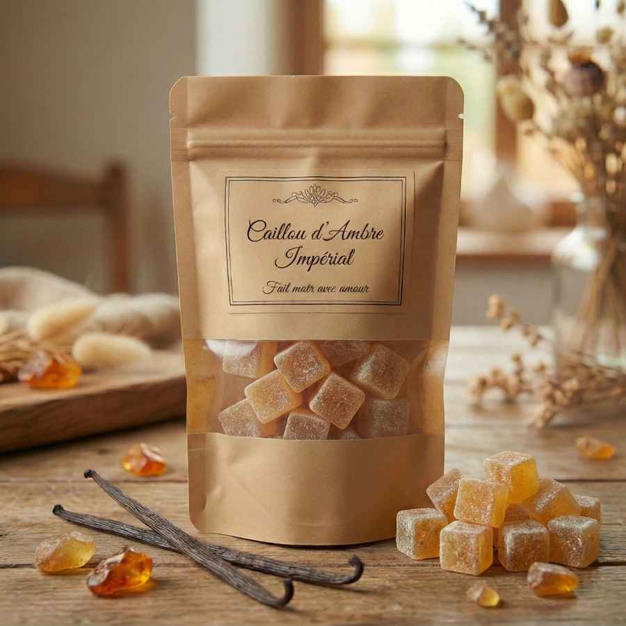 Photographie d'ambiance chaleureuse présentant un sachet artisanal de cubes d'ambre parfumés. Le sachet possède une fenêtre transparente laissant voir les cubes. Des gousses de vanille et des morceaux d'ambre brut décorent le premier plan sur un plateau en bois, avec un arrière-plan flou de fleurs séchées.
