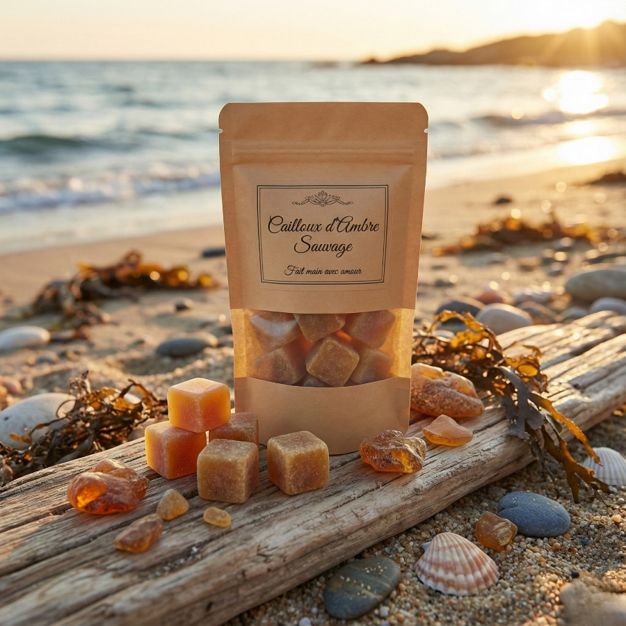 Sachet de cubes d'ambre "Impérial" présenté dans un décor rustique avec de la vanille.