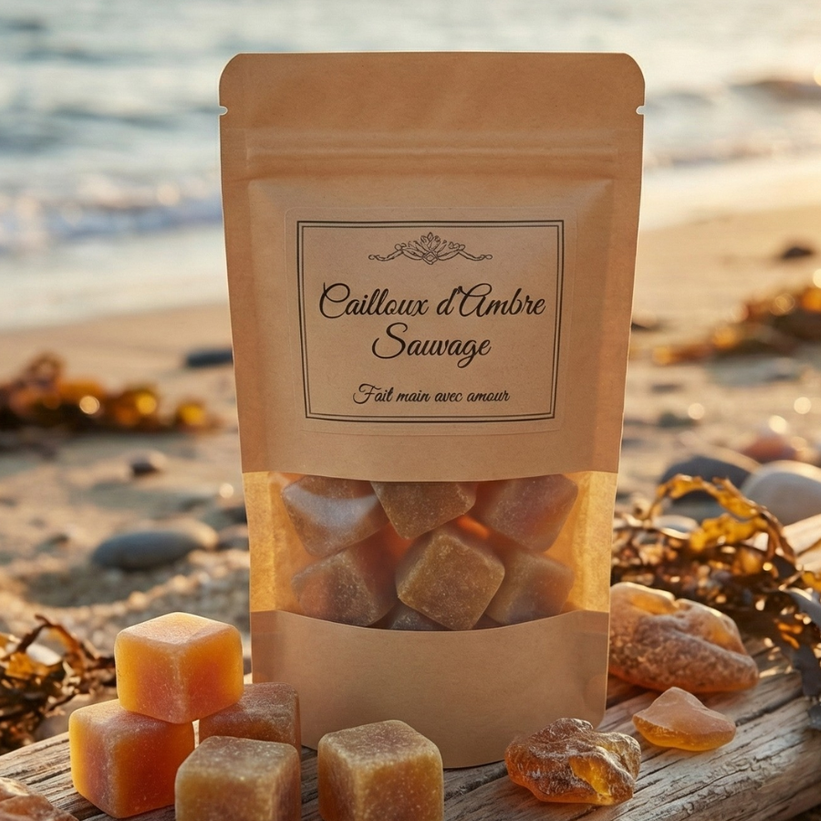 Sachet kraft avec fenêtre transparente étiqueté "Caillou d’Ambre Impérial" laissant apparaître des cubes parfumés.
Le produit est posé sur une table en bois massif, entouré de gousses de vanille, de pierres d'ambre brut et d'un bouquet de fleurs séchées en arrière-plan.