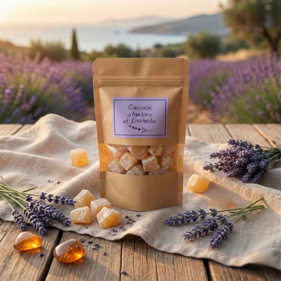 Sachet kraft "Cailloux d'Ambre et Lavande" avec cubes ambrés, champ de lavande en arrière-plan, posé sur une table en bois.