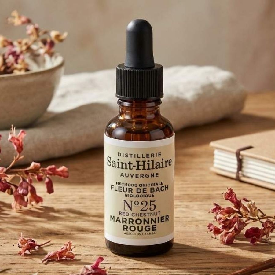 Un flacon de 20ml posé sur une table en bois de fleur de bach accompagné de fleur séchées sur le côté.