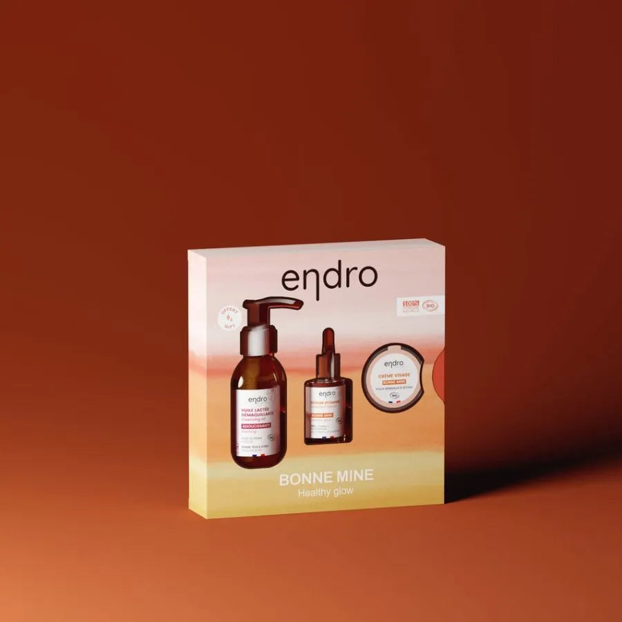 Coffret vitaminé effet bonne mine composé 3 produits de la marque endro Endro sur fond orange.