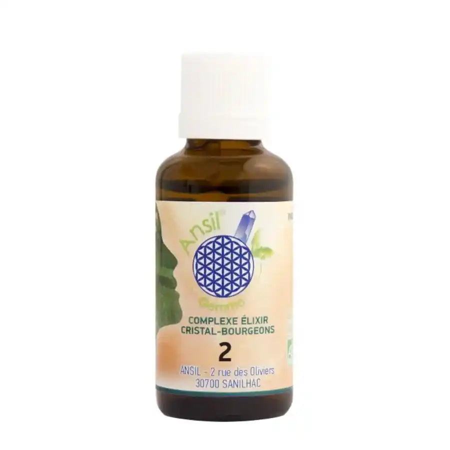 Un flacon de complexe bio de cristal de roche ronce sapin et chêne 30ml ansil