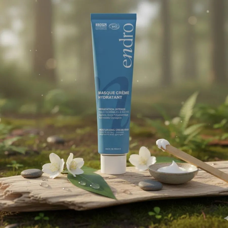 Masque crème hydratant d'un format de 75 ml de la marque Endro posé sur une planche en bois avec des feuilles blanches à droite et à gauche.