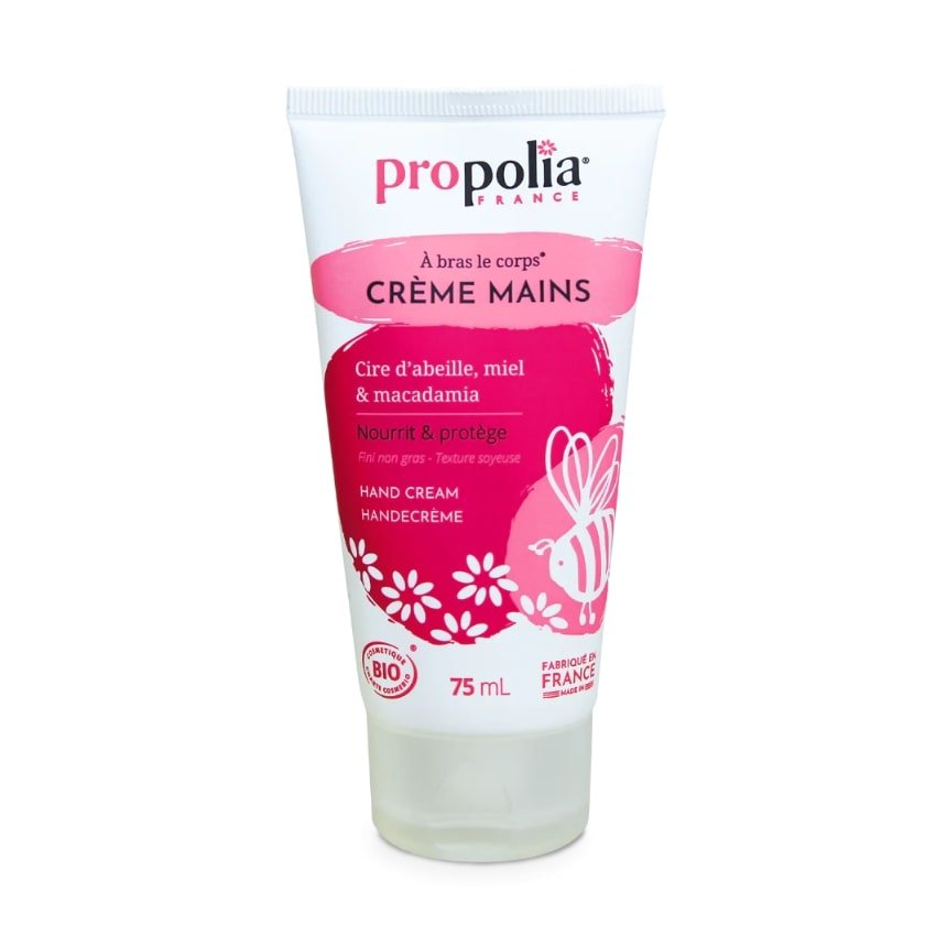 Un tube de 75 ml de Crème Mains Bio Cire D'abeille, Miel Et Macadamia de la marque Propolia-Apimab