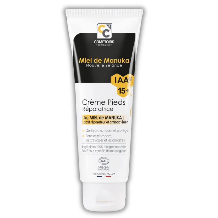La face avant d'un tube de Crème Pieds Réparatrice au Miel de Manuka Bio de 75ml de Comptoirs et compagnies