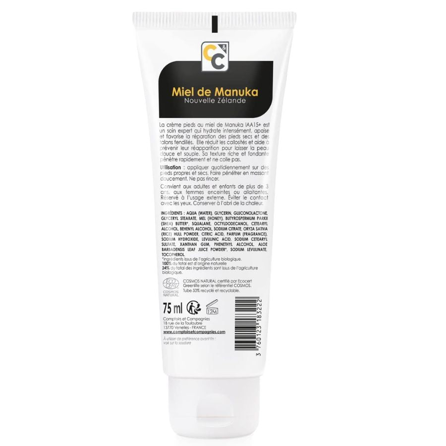 La face arrière d'un tube de Crème Pieds Réparatrice au Miel de Manuka Bio de 75ml de Comptoirs et compagnies