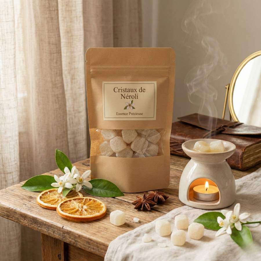 Cristaux de Néroli « Essence Précieuse » dans une ambiance de bien-être et de détente.