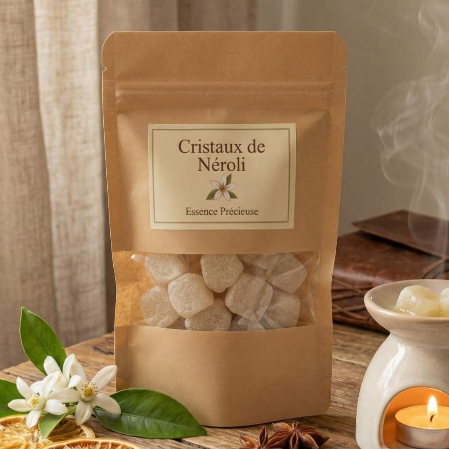 Sachet kraft de « Cristaux de Néroli » avec fleurs de néroli, anis étoilé et un brûle-parfum allumé sur un support rustique.