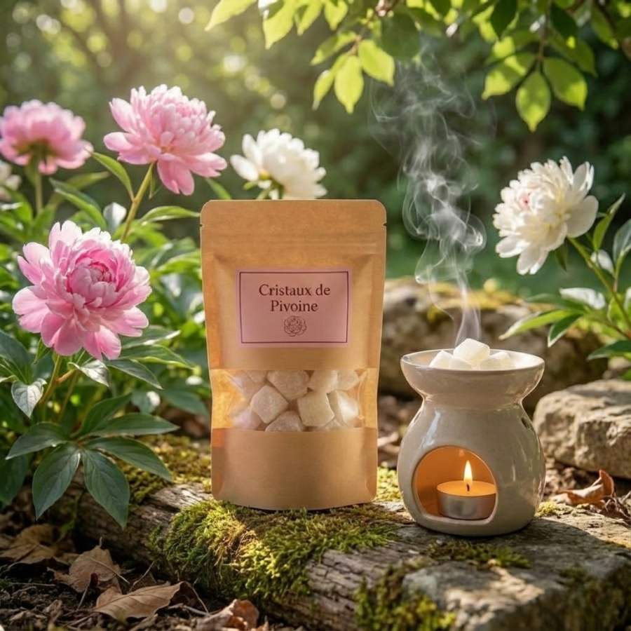 Sachet en papier kraft brun avec une étiquette rose marquée "Cristaux de Pivoine" et une fenêtre transparente montrant le contenu. Le sachet est posé sur une branche moussue dans un jardin, à côté d'une pivoine rose en fleur et d'un brûle-parfum en céramique allumé d'où s'échappe de la vapeur.