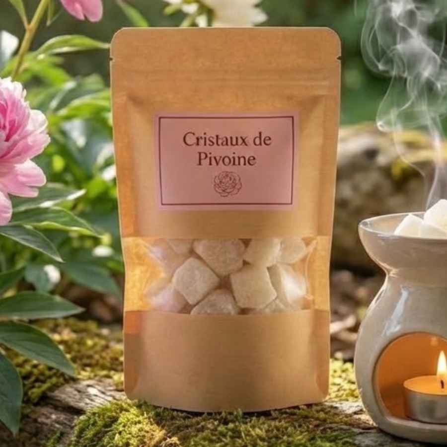 Emballage kraft de Cristaux de Pivoine pour brûle-parfum, mis en scène dans un jardin fleuri.