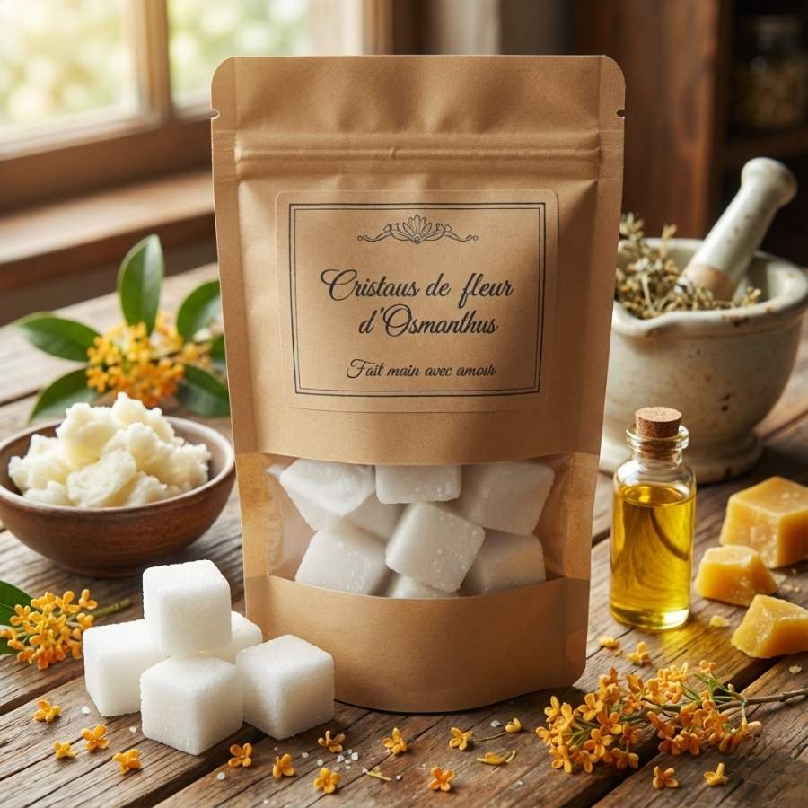 Pack de cristaux de fleur d'Osmanthus et ses ingrédients naturels dans une ambiance artisanale.