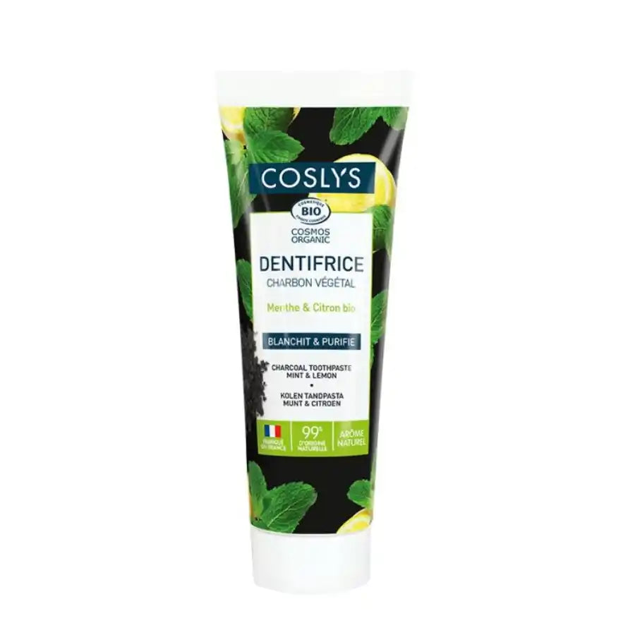 Dentifrice bio au charbon végétal Coslys, tube de 100 g, nettoyant naturel pour des dents blanches et une haleine fraîche.