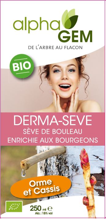 L'étiquette d'un flacon de 250ml de Sève de bouleau bio enrichie aux bourgeons (Derma-sève) Alphagem