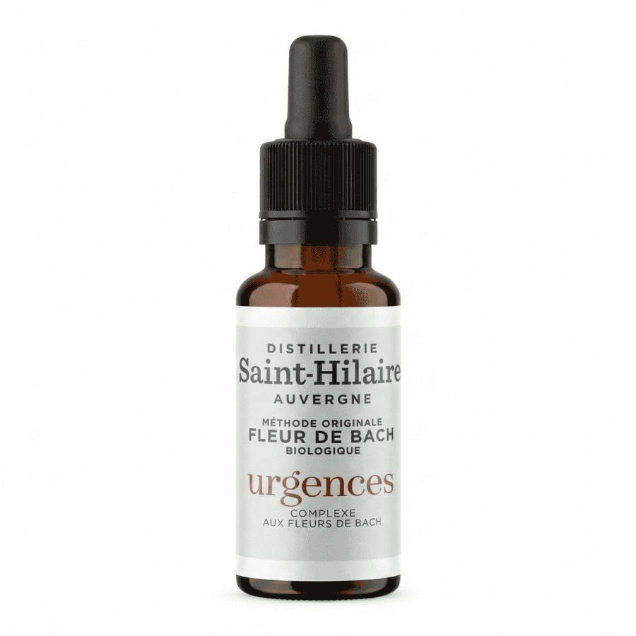 Fleur de bach urgences de la distillerie saint hilaire de 20ml sur fond blanc.