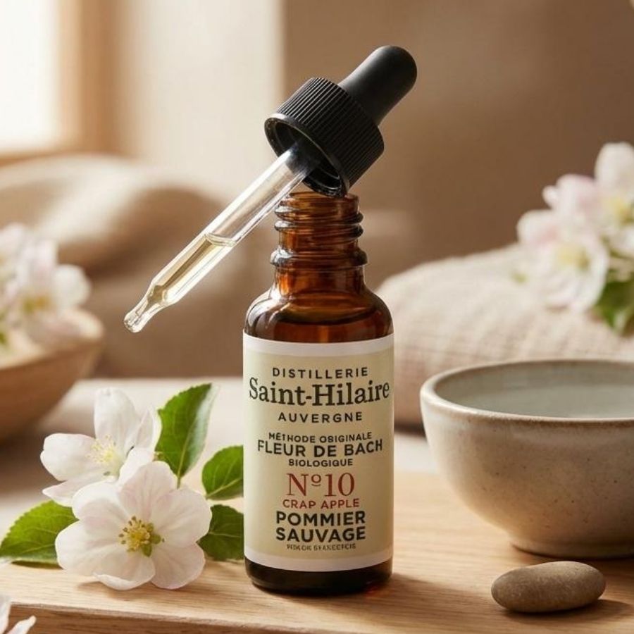 Un flacon de pommier sauvage saint hilaire de 20ml posé sur une table en bois.