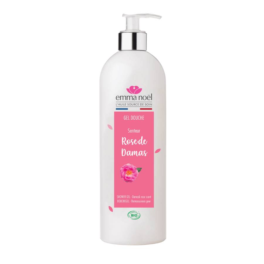 Un gel douche rose de damas d'1L de la marque Emma Noël.